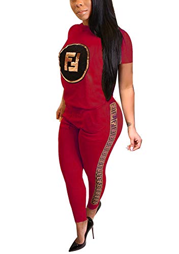 Women Two Piece Outfits - Short Sleeve Summer Sweatsuit Jogging Suit Pants Set Activewear Red L