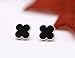 Sterling Silver Plated Black Onyx Agate Beads Sided Four Clover Flower Womens Stud Earrings