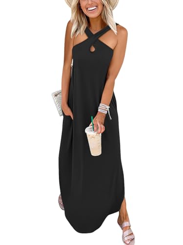 ANRABESS Women’s Casual Summer Maxi Dress Sexy Slit Side Sleeveless Loose Beach Long Sundress Vacation Outfits with Pockets