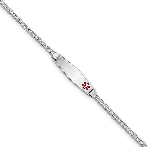 14K White Gold Medical Soft Diamond Shape Red Enamel Anchor Link ID Bracelet Length 7"