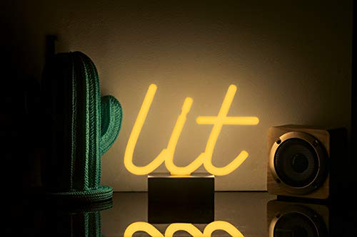 Merkury Innovations 8" inch LED Neon Yellow"Lit" Sign, Night Light, Mood Light with Pedestal,Battery Operated Wall Art,Bedroom Decorations,Lamp,Home Accessories,Party and Holiday Decor:Neon Yellow