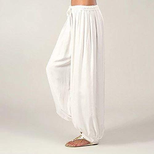 EINCcm Women Pants, Cotton Linen Elastic Waist Wide Leg Plain Pants Harem Pants Summer Comfortable Long Pants(White, L) - Thumbnail 4