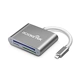Aluminum 3 in 1 Digital Camera Reader Adapter, Rocketek TF/SD/CF Lighting Card Reader, USB OTG Adapter Cable Compatible with iPhone xs/x/8/7Plus/7s/6/5/iPad Pro/Mini/Air,No App Required Plug and Play
