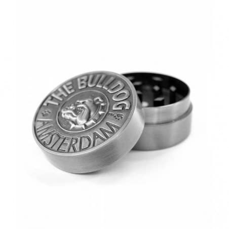 The Bulldog Amsterdam Grinder, 2 Piece Embossed Silver Metal, Manual, For King Size Rolling Papers