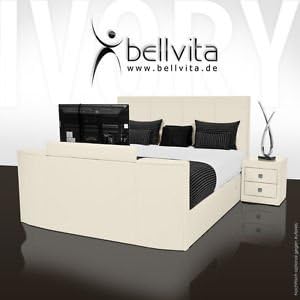 bellvita gel bed with real leather bed frame and immersible flatscreen TV 180x200cm, ivory