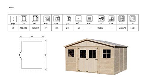 TIMBELA M331 ABRI de Jardin en Bois Exterieur - Chalet en Pin/épicéa- 418x320 cm/12 m² (sans Plancher)
