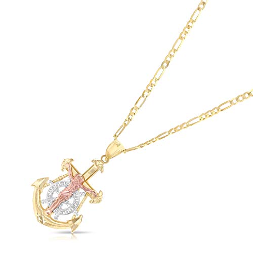 14K Tri Color Gold Jesus Crucifix Anchor Pendant with 2.3mm Figaro 3+1 Chain Chain Necklace - 20"