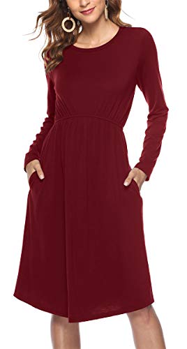 Finyosee Women Long Sleeve Pleated Polka Dot Swing Casual Midi Dress with Pockets