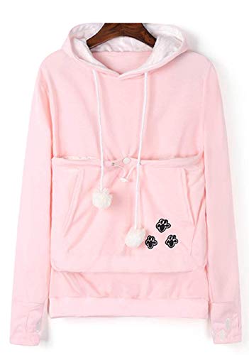 Womens Unisex Big Kangaroo Pouch Hoodie Cat Ear Long Sleeve Pet Dog Holder Carrier Sweatshirt, Pink, Large