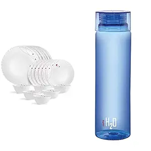 Lush Fiesta Opalware Dinner Set, 18-Pieces, White & Cello H2O Unbreakable Plastic Bottle, 1 Litre, Assorted Colour