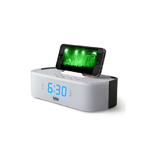 Tyler Bluetooth Alarm Clock Radio TAC501-WHT With Stereo Speaker, FM Radio, USB Charging, AUX Line-in, Blue LED Display (0.6"), and Smart Phone Dock | White