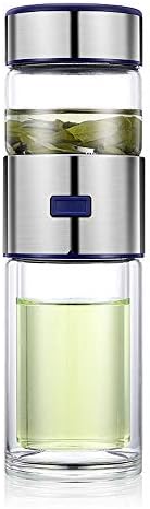 Tea Bottle, Caliamary 14OZ Glass Tea Tumbler with Infuser for Loose Tea, Leak Proof Double Wall Glass Water Bottle Travel Tea Mug (Blue)
