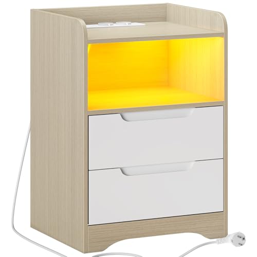 Brinlawb Nachttisch mit Steckdose und LED-Beleuchtung (2 AC-Steckdosen, 2 USB-Anschlüsse) Nachtschrank mit 2 Schubladen und 1 offenes Fach Beistelltis