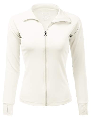 Doublju Womens Active Slim Fit Full Zip Jacket with Thumb Holes White Large