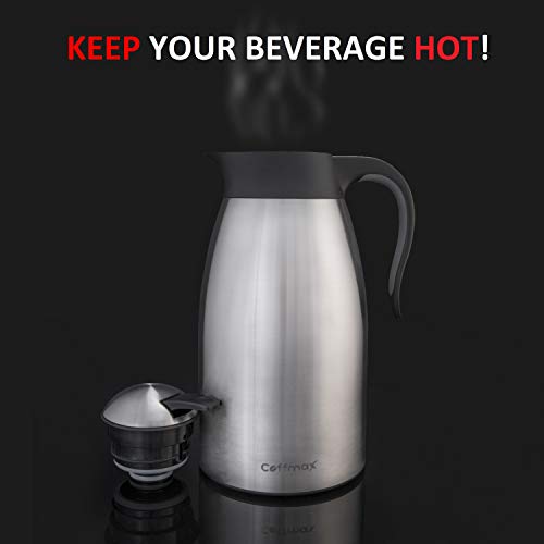 Large Thermal Coffee Carafe 2L/68Oz - Double Wall Vacuum Insulated BPA Free Stainless Steel Easy Server Beverage Pitcher - Lab-Tested Hot and Cold Thermos Jug - 12 Hour Heat Retention Pot by Coffmax