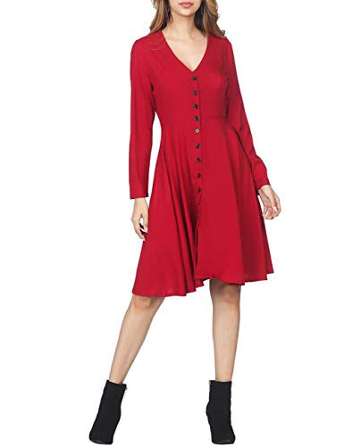 Women's Dress Simple Long Sleeve High Waist V Neck Button Down T Shirt Skater Midi Dress Red