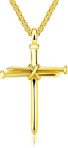 TENGYI Stainless Steel Antique Nail Cross Pendant Rolo Chain Necklace for Men, 22 Inch
