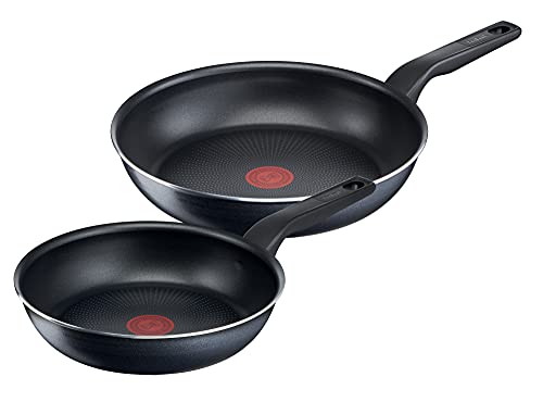 Tefal XL Force C38590 2-Piece Frying Pan Set, 24 and 28 cm, Non-Stick Coating, Thermal Signal Temperature Indicator, Diffusion Base Pan Base, Black