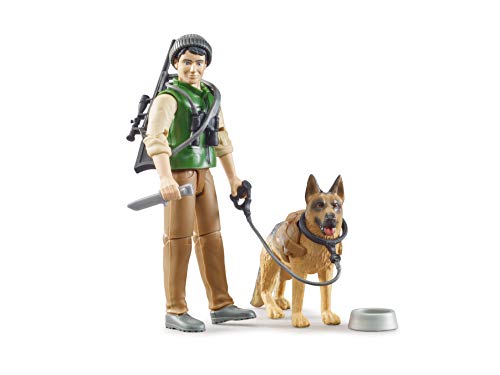 bruder 62660 - Bworld Förster mit Schäferhund, Gewehr, Fernglas, Jagdmesser - 1:16 Forstwirtschaft Figur Mann Jäger Wald-Arbeiter Bauernhof Holztransporter Land Rover Baumstämme