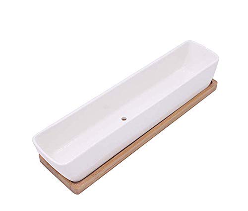 Pot de fleurs artificielles blanc en céramique –  Pots rectangulaire conteneurs avec plateau en bambou pour planter Mini Succulente Cactus