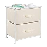 mDesign End Table/Night Stand Storage Tower - Sturdy Steel Frame, Wood Top, Easy Pull Fabric Bins - Organizer Unit for Bedroom, Hallway, Entryway, Closets - Textured Print, 2 Drawers - Cream/White