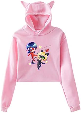 LianLiYa Personalized Womens Midriff Sweatshirt Miraculous Ladybug and Cat Noir Cat Ear Hoodie Hooded Sweatshirt