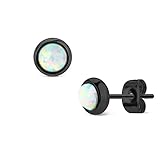 MoBody White Created-Opal Teen Girls Black Surgical Stainless Steel Round Stud Fashion Earrings