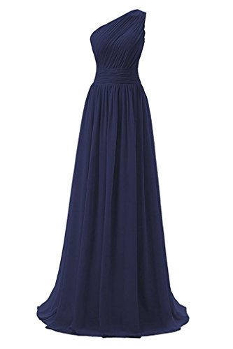 Dressever Women's Long One Shoulder Bridesmaid Chiffon Prom Evening Dress Navy Blue US 6