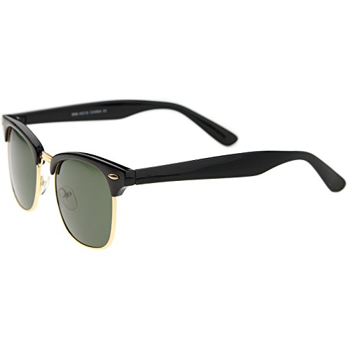 zeroUV - Premium Half Frame Horn Rimmed Sunglasses with Metal Rivets (Black-Gold / Green)