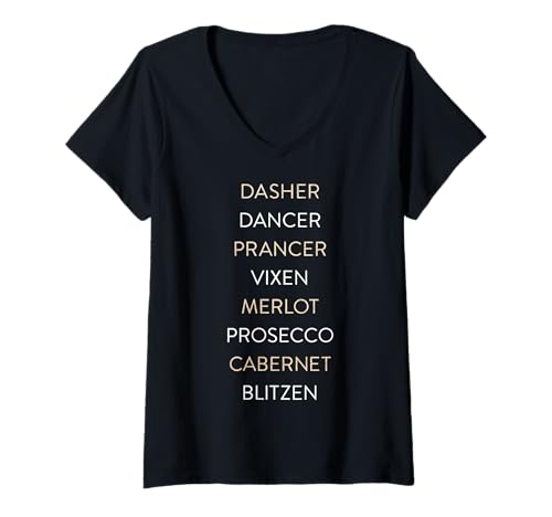 Womens Trendy Christmas Reindeer & Wine Names V-Neck T-Shirt