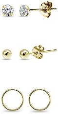 Hoops 4 Less3 Pairs 14K Gold Unisex 10mm Mini Small Continuous Endless Hoops, Tiny Round 2mm CZ & Ball Bead Stud Earrings Set