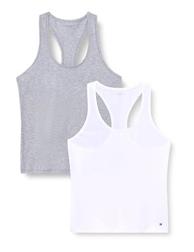 Damen 2er Pack Tank Tops mit Stretch, Mehrfarbig (White/Light Grey Hthr), L