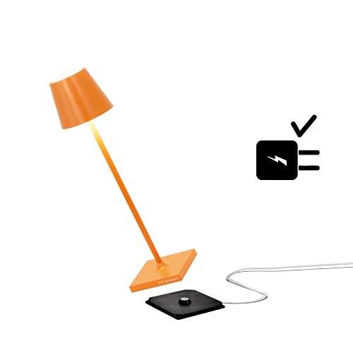 Zafferano Poldina Pro Micro - Lámpara LED Inalámbrica Recargable, Temperatura color 2200-2700-3000K, IP65 Uso Interior/Exterior, Aluminio H 27.5cm con Multicargador USB (EU/UK/US) - Naranja