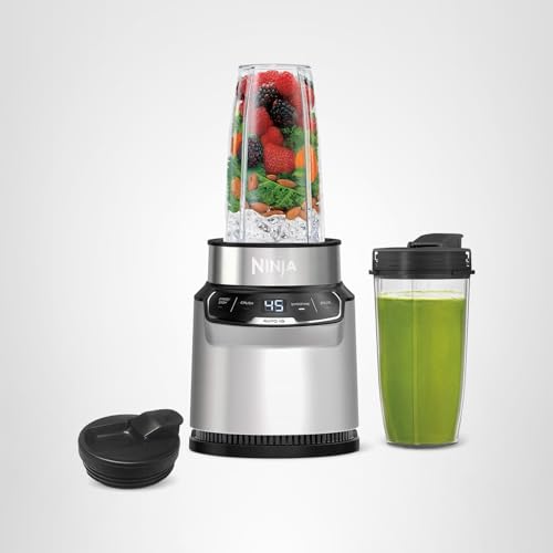 Ninjas | Licuadora | NutriPro | Servicio individual | Para batidos, salsas, batidos y bebidas congeladas | Incluye 2 tazas para batidos y tapas | Tritura hielo, frutas y verduras | Plata | BN401