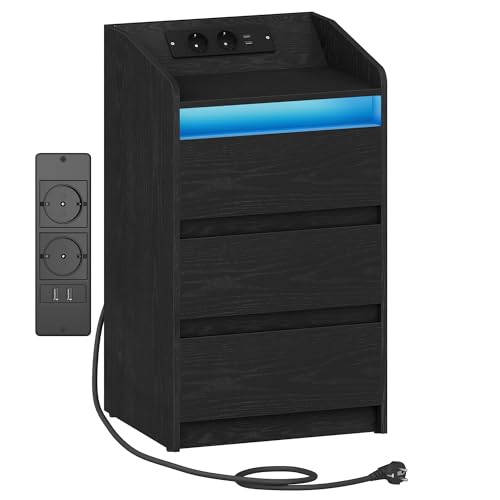 Hzuaneri Nachttisch mit 3 Schubladen, Beistelltisch mit Ladestation und LED, 2 AC-Steckdosenund 2 USB-Anschlüsse für Schlafzimmer, Wohnzimmer, Schwarz