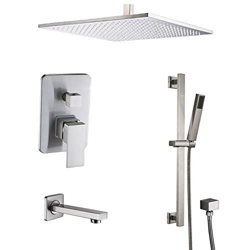 Rozin Brushed Nickel 3-way Shower Diverter Mixer Kit Combo Ceiling Mounted 16-inch Rainfall Showerhead + Adjustable Hand Spray + Tub Faucet