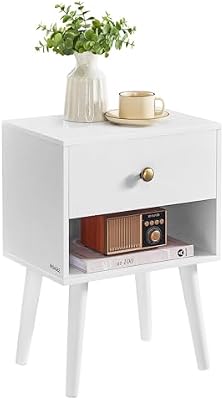 Table de Chevet avec tiroir et étagère Ouverte, Pieds en Bois, Table Basse pour Salon, Chambre à Coucher, canapé, Blanc Neige LET655W01
