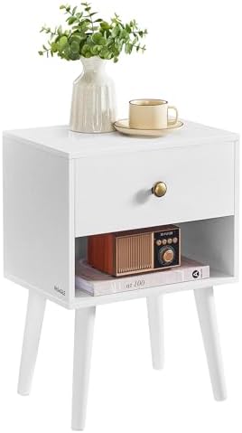 Table de Chevet avec tiroir et étagère Ouverte, Pieds en Bois, Table Basse pour Salon, Chambre à Coucher, canapé, Blanc Neige LET655W01