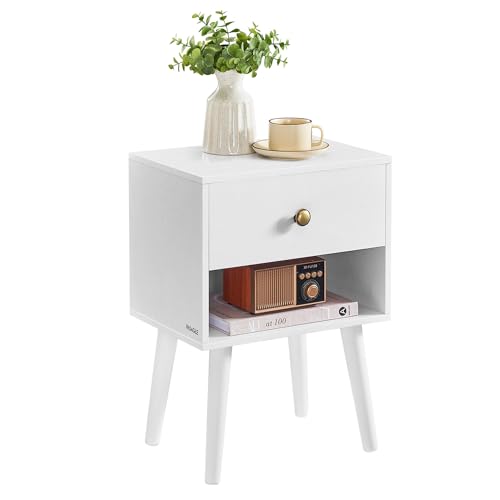 Table de Chevet avec tiroir et étagère Ouverte, Pieds en Bois, Table Basse pour Salon, Chambre à Coucher, canapé, Blanc Neige LET655W01