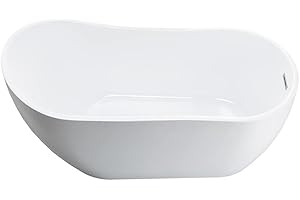 WOODBRIDGE 59" Acrylic Freestanding Bathtub Contemporary Soaking White Tub with Brushed Nickel Overflow and Drain，B1530-B/N-Drain&O
