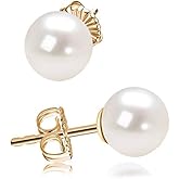 Classic Gold Plated Sterling Silver Round White Simulated Pearl Stud Earrings for Women