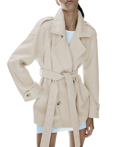 Yeokou Women's Wool Blend Pea Coat Notch Lapel Double Breasted Winter Loose Short Button Belt Outerwear Jacket