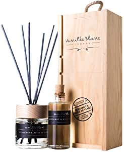 Vanilla Blanc Natural Reed Diffuser, Home Fragrance Set, Encased in a Signature Hand Crafted Wooden Gift Box with Refill 200ml Bottle (Grenade & Frosted Vanilla)
