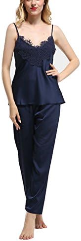 MiaomiaoMi Women Satin Lace Lingerie Sleepwears Sleeveless V-Neck Long Pants Sleep Lounge Sets Blue M
