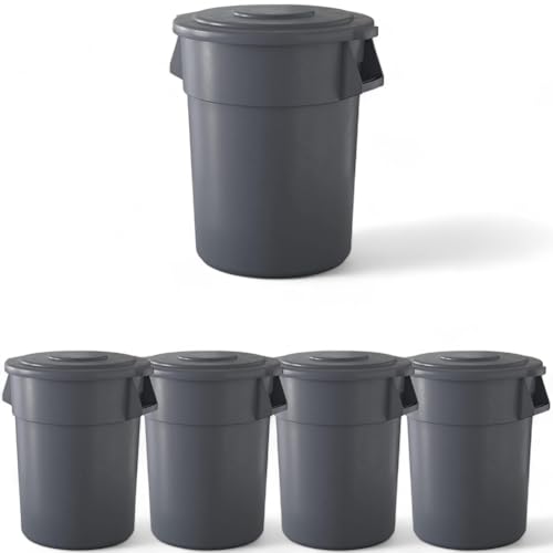 5 Pack! 55 Gallon Round Trash Can with Lid, 200