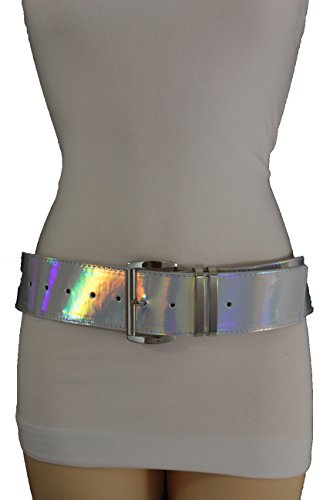 TFJ Women Fashion Wide Belt Faux Leather Metal Buckle Plus Size L XL (Silver metallic - patent faux leather)