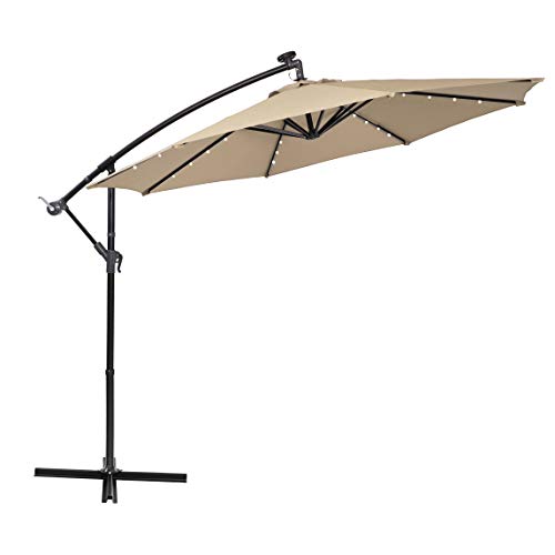 PHI VILLA 10ft Offset Hanging Umbrella with 32 PCS LED Lights Solar Powered Patio Umbrella with