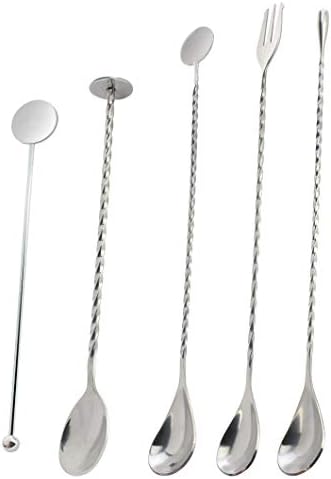 cnomg Stirring Spoon, Long Handle Mixing Spoon, Stainless Steel Cocktail Spoon, Spiral Pattern Bar Spoon, Cocktail Mixing Spoon, Set of 5 (silver)
