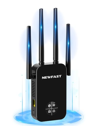 NEWFAST Powerful WiFi Repeater for Home, 1200Mbps WiFi Extender Dual Band 2.4GHz/5GHz with 4 High Gain Antennas, Ethernet Port, WPS, Smart Display, Supports 3 Modes (Black)