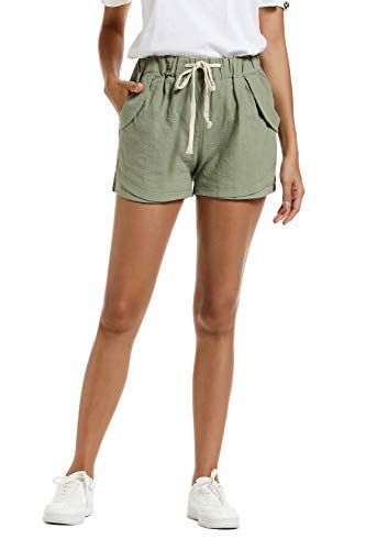 NEWFANGLE Women’s Cotton Linen Causal Shorts Comfy Beach Short Drawstring Elastic Waist Shorts,Green,S